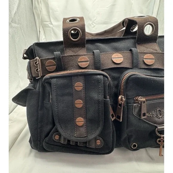 Banned Alternative DOOM LAGOON HANDBAG Steampunk Key Canvas Black Copper NWT - Picture 6 of 16